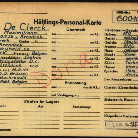 De officiële Häftlings-Personal-Karte (gevangenenpersoneelskaart) van Maximiliaan De Clerck, opgesteld bij zijn aankomst in concentratiekamp Buchenwald.