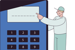 Wijzend mannetje met rekenmachine