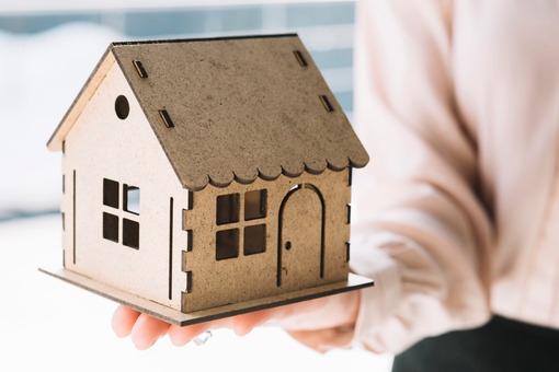 Close up woman showing toy house